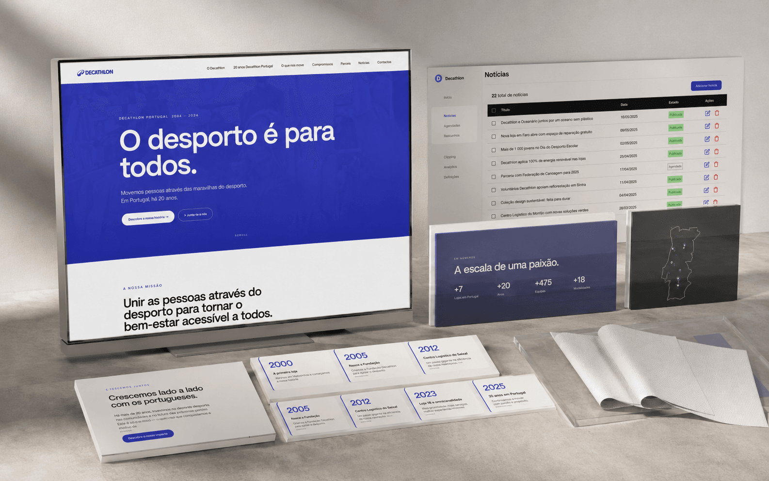 The Decathlon Portugal corporate site beside the custom CMS where the marketing team publishes and schedules news.